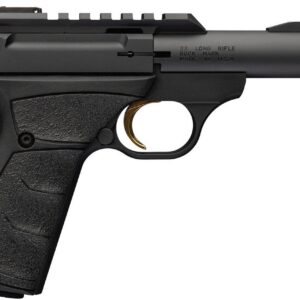 Profile view of a black semi-automatic pistol with a long barrel and textured grip.