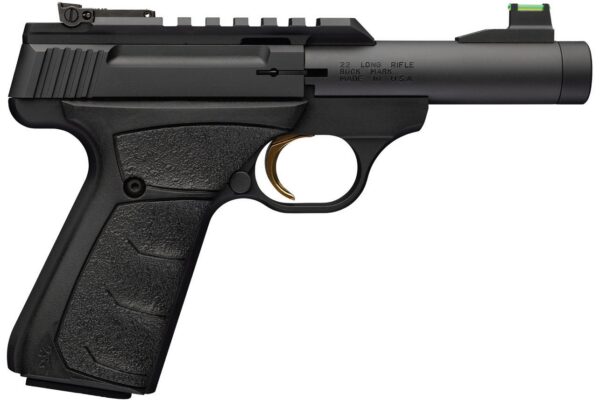 Profile view of a black semi-automatic pistol with a long barrel and textured grip.