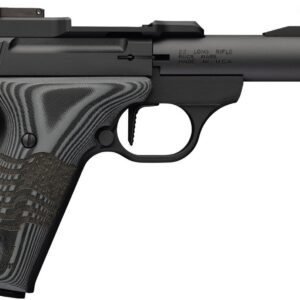 Side view of a black semi-automatic pistol with a long barrel, textured grip, and a small optic on top.