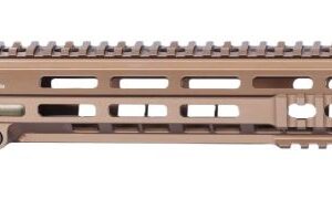 Tan AR-15 handguard with multiple Picatinny rails for attachments.