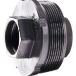 Black metal threaded pulley-like adapter with a square bore opening and grooved outer surface