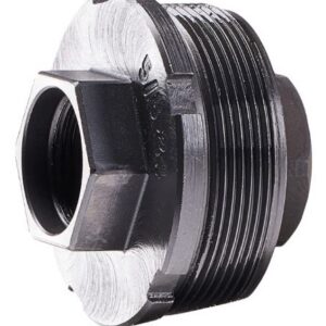 Black metal threaded pulley-like adapter with a square bore opening and grooved outer surface