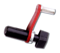 Small metal toggle clamp with a red lever and black jaw for securing workpieces in place.