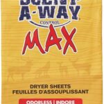 Front of yellow dryer sheets package labeled 'SCENT A-WAY MAX' with bold blue logo and red 'MAX', and 'Odorless' text; includes size and USA at the bottom.
