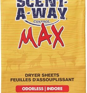 Front of yellow dryer sheets package labeled 'SCENT A-WAY MAX' with bold blue logo and red 'MAX', and 'Odorless' text; includes size and USA at the bottom.