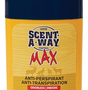 Yellow roll-on deodorant bottle with a dark blue cap; label reads 'SCENT A-WAY MAX' anti-perspirant with odorless/indoor options.
