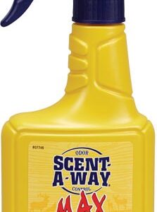 Yellow Scent-A-Way Max odor-control spray bottle with a blue trigger and label reading Fresh Earth fragrance (12 oz / 354 mL).