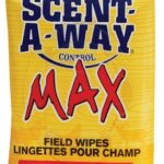 Yellow Scent-A-Way Max odorless field wipes package with bold blue logo and red 'MAX' lettering, and 'Field Wipes' text