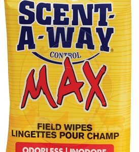 Yellow Scent-A-Way Max odorless field wipes package with bold blue logo and red 'MAX' lettering, and 'Field Wipes' text