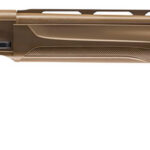 Tan bolt-action hunting rifle with a long barrel and textured stock, shown from the left side