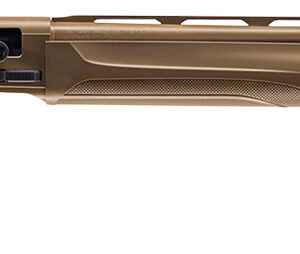 Tan bolt-action hunting rifle with a long barrel and textured stock, shown from the left side