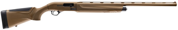 Tan bolt-action hunting rifle with a long barrel and textured stock, shown from the left side