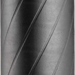 Gray plastic bottle with a black screw-on cap and diagonal embossed grooves along the body.