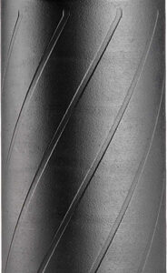 Gray plastic bottle with a black screw-on cap and diagonal embossed grooves along the body.