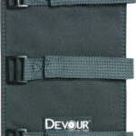 Black wallet with three gray fabric straps and metal buckles, brand name 'Devour' on the front.