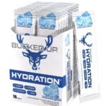 Box of Bucked Up Hydration electrolyte supplement in Polar Blue flavor, 18 packets, showing deer logo and blue branding