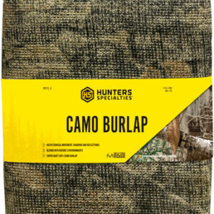 Roll of camouflage burlap fabric with a bright yellow label reading 'Camo Burlap' from Hunters Specialties.