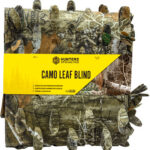 Camouflage leaf blind packaged in camouflage fabric with a bright yellow labeling across the front. (