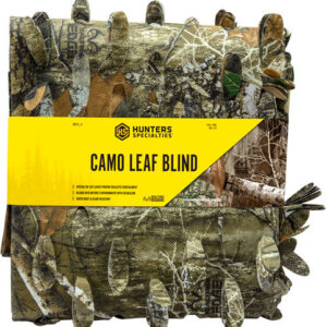 Camouflage leaf blind packaged in camouflage fabric with a bright yellow labeling across the front. (