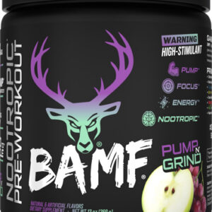 Black BAMF pre-workout tub with neon purple deer logo, bold white text, apple flavor graphic, and high-stimulant icons on the side.