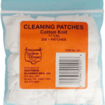Clear plastic bag labeled 'CLEANING PATCHES Cotton Kit' with orange sticker showing 200+ patches and barcode; teal top of bag visible.