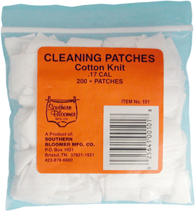 Clear plastic bag labeled 'CLEANING PATCHES Cotton Kit' with orange sticker showing 200+ patches and barcode; teal top of bag visible.