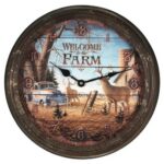 Round rustic wall clock featuring a farm scene with deer, a vintage truck, and 'Welcome to the Farm' text.