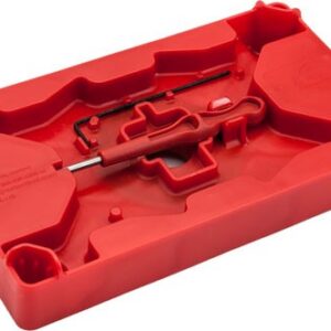 Red plastic tool kit tray with assorted small metal tools arranged in molded compartments