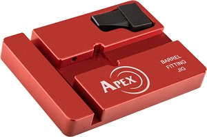 Red APEX barrel fitting jig with a black clamp, used to align and hold components during barrel fitting procedures (showing Apex logo).