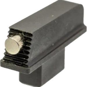 Small black plastic component with a rounded metal pin on the side and vented ridges, resting on a raised base.