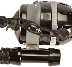 Close-up of a black fishing reel with a silver frame and a detachable handle against a white background.