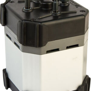 Automotive fuel pump module with electrical connector block and mounting flanges.