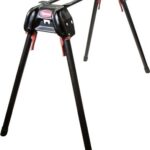 Portable work stand/saw horse with adjustable legs and red clamps for holding materials during cutting