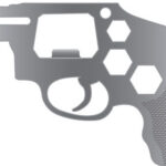 Stylized silhouette of a handgun with hexagonal cutouts along the frame and a textured grip edge on the right side.