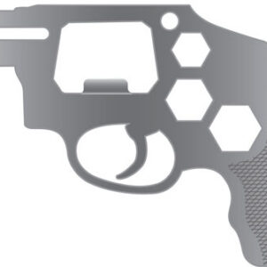 Stylized silhouette of a handgun with hexagonal cutouts along the frame and a textured grip edge on the right side.