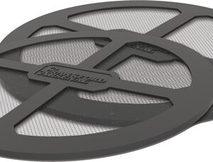 Two overlapping circular metal detector search coils with a mesh sensing surface.