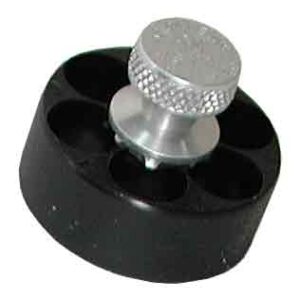 Silver knurled control knob mounted on a black circular base with holes (equipment knob).