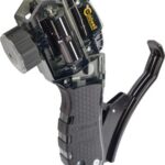 Caldwell handheld powder measure with a transparent hopper and long lever for measuring gunpowder during reloading.