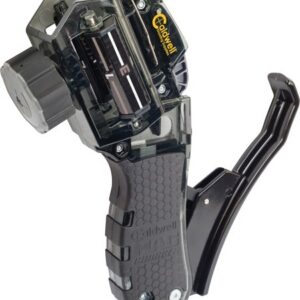 Caldwell handheld powder measure with a transparent hopper and long lever for measuring gunpowder during reloading.