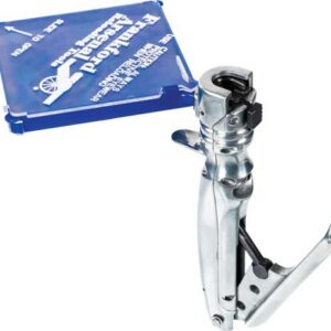 Close-up of a metal nail gun with a blue plastic magazine attached, a handheld tool used for driving nails into wood.