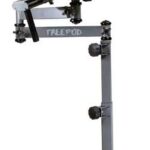 Adjustable fishing rod pod with two rod holders mounted on a vertical stand for stabilizing multiple rods at once.