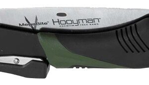 Compact folding utility knife (box cutter) with a black and green body, exposed blade on the left, and a belt clip on the bottom.