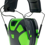 Green and black Caldwell over-ear hearing protection earmuffs with cushioned headband and adjustable ear cups, designed for noise reduction.