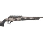 Camouflage-pattern bolt-action hunting rifle with a synthetic stock and long barrel.