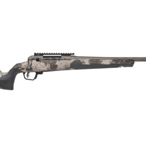 Camouflage-pattern bolt-action hunting rifle with a synthetic stock and long barrel.