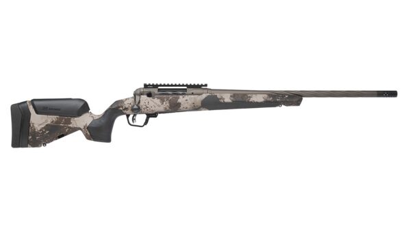 Camouflage-pattern bolt-action hunting rifle with a synthetic stock and long barrel.