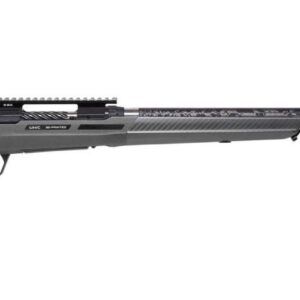 Long black bolt-action rifle with a carbon-fiber patterned barrel and a grey synthetic stock, shown horizontally with a scope rail above the action.