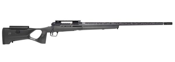 Long black bolt-action rifle with a carbon-fiber patterned barrel and a grey synthetic stock, shown horizontally with a scope rail above the action.