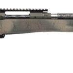 Bolt-action rifle with a beige camo stock, long barrel, top scope rail, and perforated muzzle brake.
