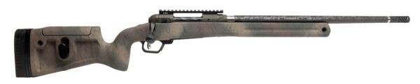 Bolt-action rifle with a beige camo stock, long barrel, top scope rail, and perforated muzzle brake.